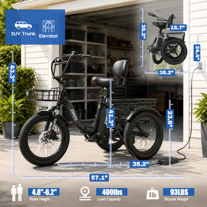 ESKUTE Tricycle for Adults, Folding Trike 18X3.0 Tire Ebike, 624Wh(48V 13AH) Removable Battery, Step-Thru 3 Wheel Electric Bicycle, Up to 55 Miles, Unisex