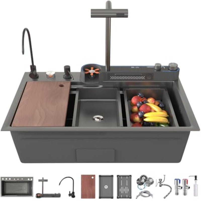 33x22x10in Black Smart Kitchen Sink Digital Display Ambient Light Multifunction Waterfall Kitchen Sinks 8 Gauge Metal Black Stainless Steel Single Bowl Workstation Sink with Soap Dispenser