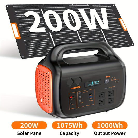 1000W Portable Power Supply Featuring a 200W Solar Panel, 1075Wh Lithium Battery Backup, 120V/1000W AC Outlet, Solar Generator, Ideal for Home, RV, Outdoor Activities, Camping, And Emergency Situations