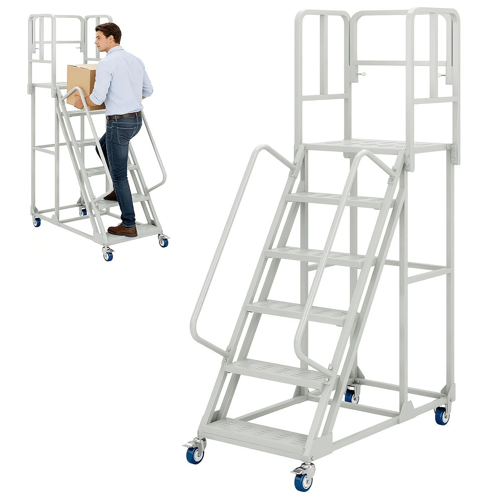 A 6-Step Rolling Ladder Measuring 24 Inches Wide And 90 Inches High, Featuring Dual Handrails And Lockable Wheels, Capable of Supporting Up to 1200 Pounds. This Heavy-Duty Mobile Platform Ladder Is Ideal for Use in Warehouses, Supermarkets
