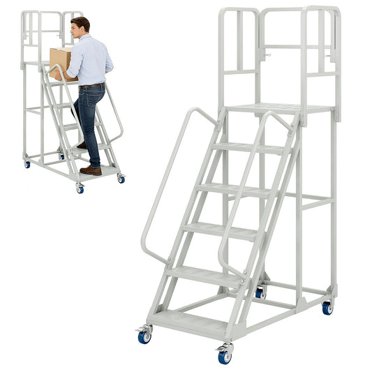 A 6-Step Rolling Ladder Measuring 24 Inches Wide And 90 Inches High, Featuring Dual Handrails And Lockable Wheels, Capable of Supporting Up to 1200 Pounds. This Heavy-Duty Mobile Platform Ladder Is Ideal for Use in Warehouses, Supermarkets