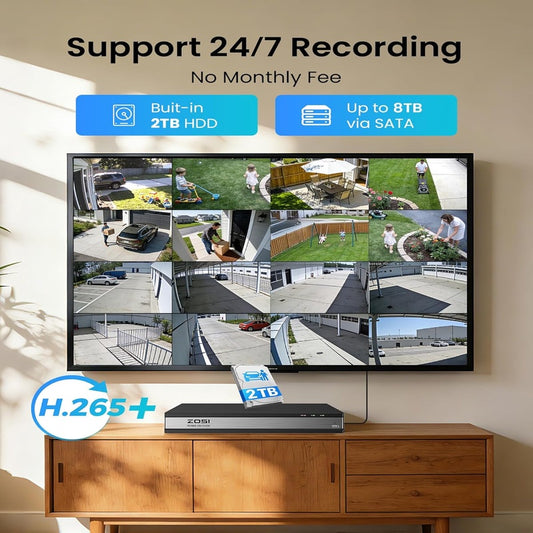 ZOSI 16CH Security Camera System with 2TB HDD, AI Human Vehicle Detection, 16PCS 1080P Outdoor Indoor Surveillance Cameras, Night Vision, H. 265 16Channel 2MP DVR for 24 7 Recording, Remote Access