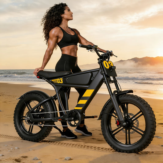 Hardcore Off-road Electric Bike, Featuring a Full Suspension System and Hydraulic Brakes to Conquer Rugged Mountain Trails. Equipped with 20"x4.0" Wide Tires and a 48V 18Ah Battery for 40-60 Miles of Range, This 7-speed All-terrain Beast
