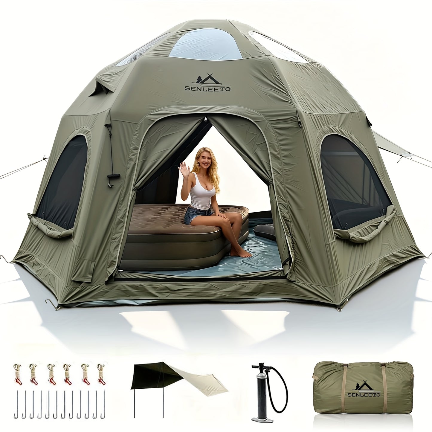 Spherical Inflatable Camping Tent, Green Air Tent With Inflatable Pump, And Windproof, Suitable For Year-round Camping