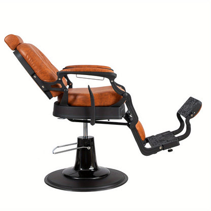Heavy Duty Vintage Recline Barber Chair Hydraulic with Headrest, Supports up to 700lbs & 360° Rotatable, Professional Salon Beauty Spa Shampoo Equipment, Square Twill Backrest - Brown