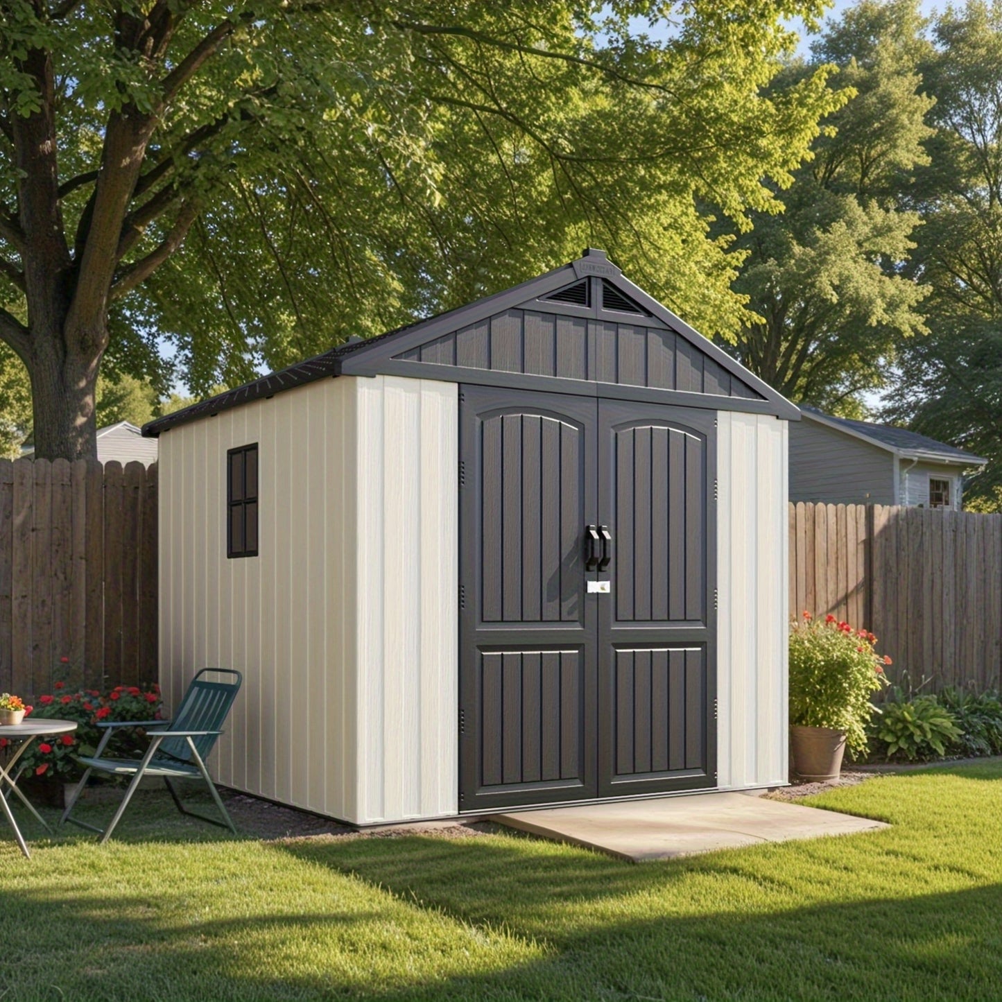 GUNJI 8X8 FT Outdoor Storage Shed with Lockable Door, Large 403 Cuft Resin Shed with Floor Roof Windows Vents, All-Weather Plastic Storage Shed Tool Organizer for Backyard Garden Patio Lawn