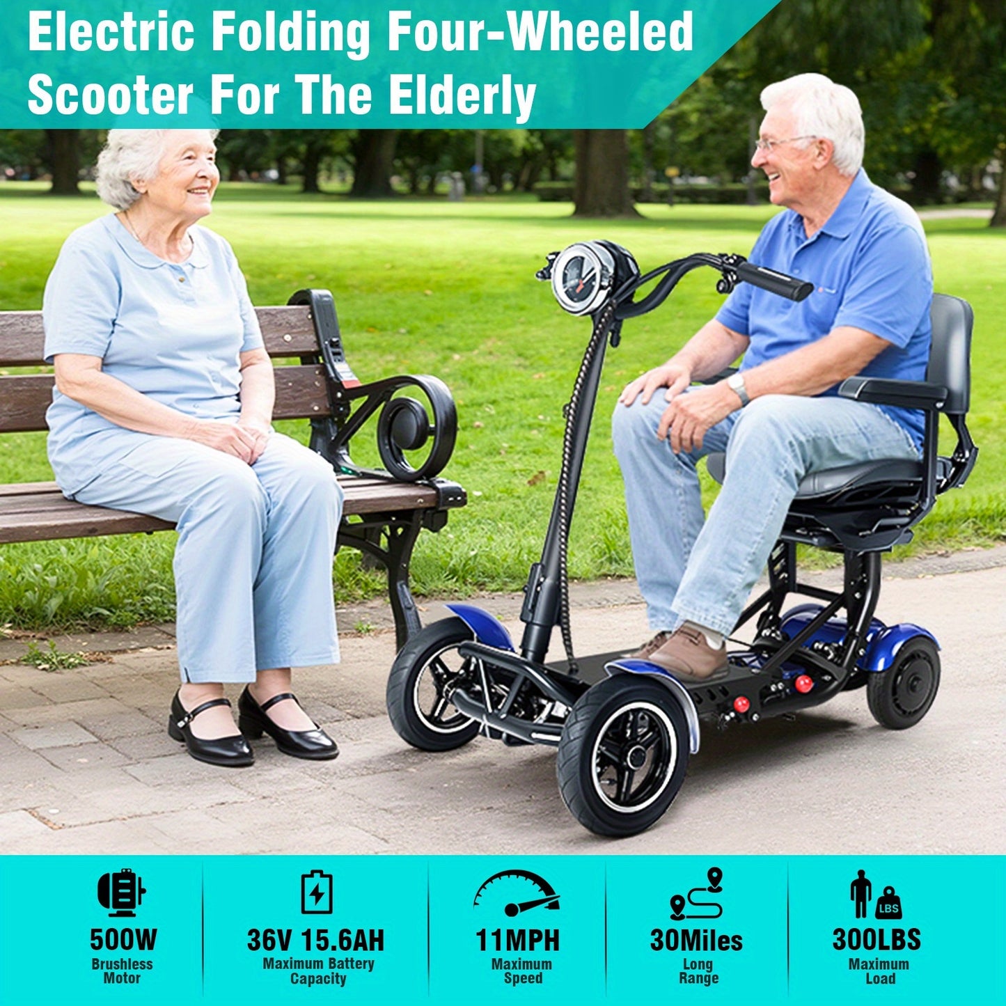 Electric Folding Four-Wheel Scooter 500W 11MPH 36V15.6AH 30 Miles Range 330LBS Load Capacity Mobility Scooter With Basket