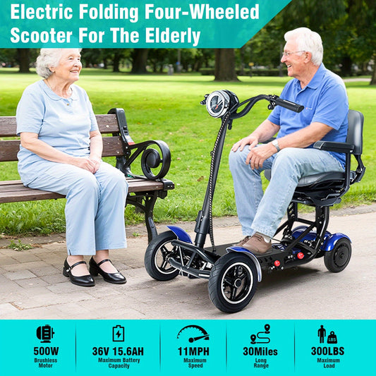 Electric Folding Four-Wheel Scooter 500W 11MPH 36V15.6AH 30 Miles Range 330LBS Load Capacity Mobility Scooter With Basket