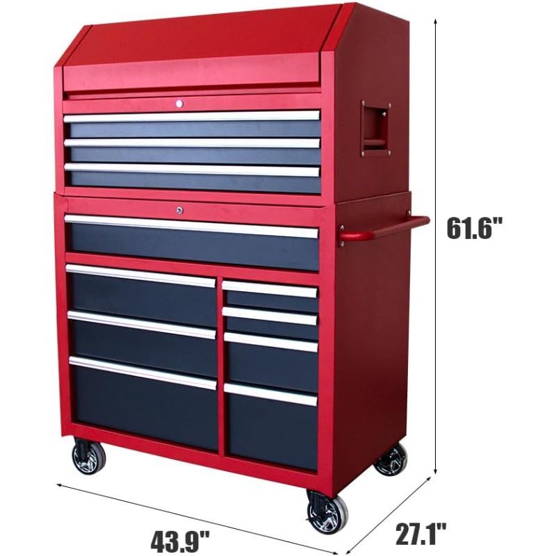 41 in. W x 24. 5 in. D Heavy Duty Rolling Tool Chests and Cabinets Combo, 20 Gauge Steel, 11-Drawer Garage Workshop Tool Chest and Top Tool Cabinet Set (11 Drawers - Red+Black)