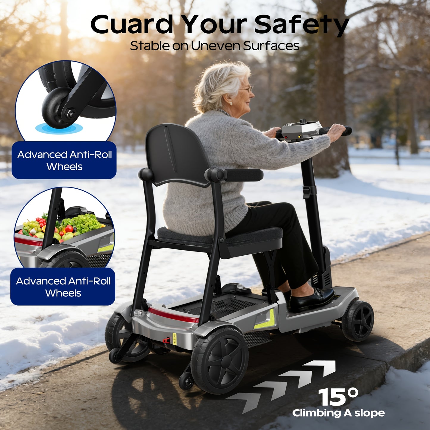 Foldable Powered 4 Wheel Mobility Scooter for Seniors, Lightweight Portable Electric Scooter for Adult, Dual Lithium Batteries, Climbing All Terrain Motorized Scooter with Headlight, Elderly Outdoor Riding, Liftable Handlebar