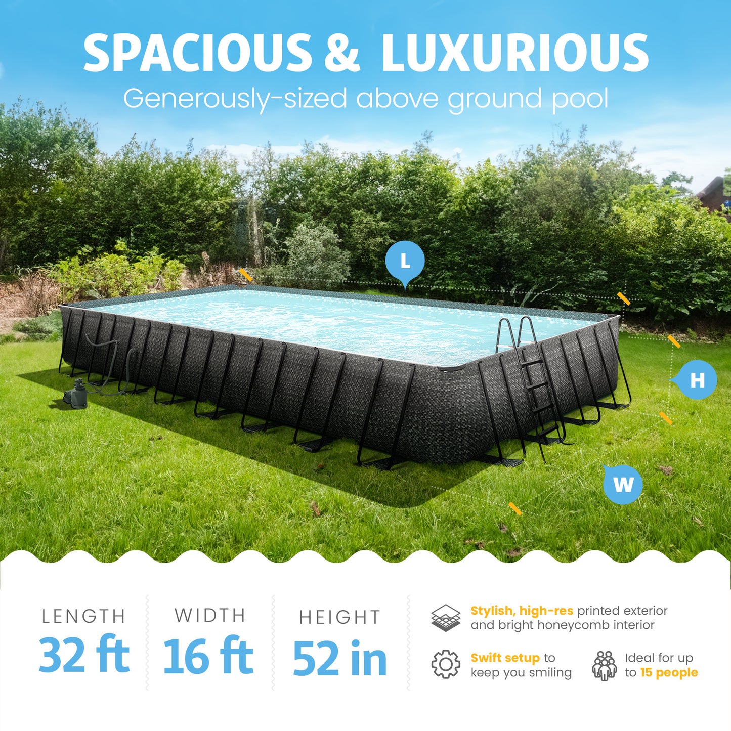 Funsicle Oasis Designer Outdoor Rectangular Frame Above Ground Swimming Pool Set with Accessories and Maintenance Kit, Dark Herringbone Gray