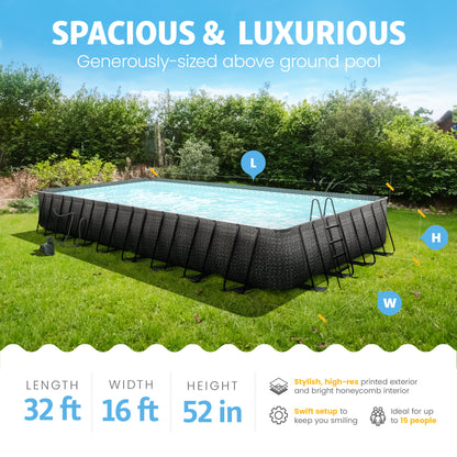 Funsicle Oasis Designer Outdoor Rectangular Frame Above Ground Swimming Pool Set with Accessories and Maintenance Kit, Dark Herringbone Gray