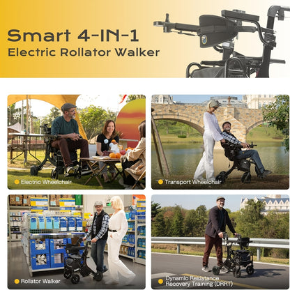 Sinceborn 4in 1 Rollator Walker Electric Wheelchair Combo, Electric Rollator Walker with Power Assist, Foldable Lightweight Transport Wheelchair, 600W Magnesium Alloy Motor Ideal for Elderly Rehab