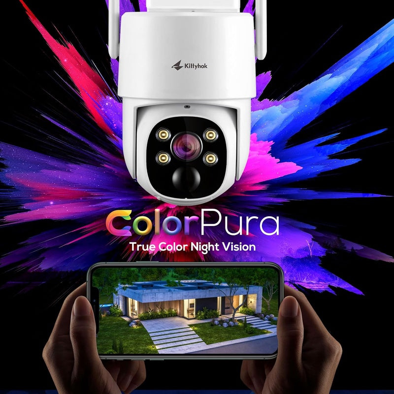 Kittyhok 2K ColorPura Solar Security Camera System, Wireless Outdoor, 8pcs PT Security Cameras, Pro Color Night Vision, Human Detection, 360 View, 1TB HDD, KBLR4084 Bundle with BLY4