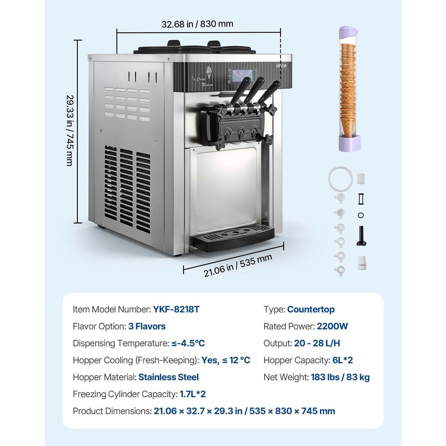 Commercial Ice Cream Machine, 20-28L/H Yield, 2200W 3-Flavor Countertop Soft Serve Ice Cream Maker, Pre-Cooling Self-Cleaning for Snack Dessert Shops
