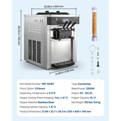 Commercial Ice Cream Machine, 20-28L/H Yield, 2200W 3-Flavor Countertop Soft Serve Ice Cream Maker, Pre-Cooling Self-Cleaning for Snack Dessert Shops