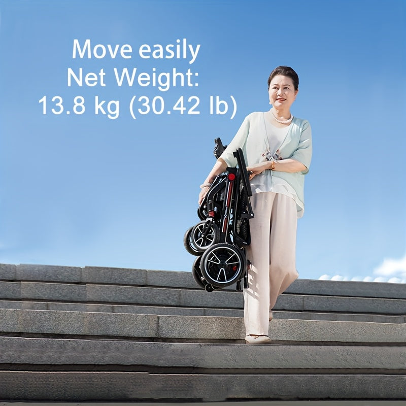 An Airline-compliant Electric Wheelchair. This Luxurious Lightweight Model Is Foldable with A Total Weight Of 13.8kg (30.4 LB). The 12AH Battery Achieves A 15km Range, Integrating Intelligent Anti-tip And Multiple Shock Absorption Features.