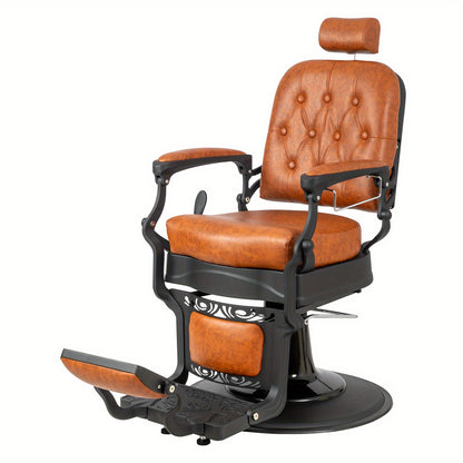 Heavy Duty Vintage Recline Barber Chair Hydraulic with Headrest, Supports up to 700lbs & 360° Rotatable, Professional Salon Beauty Spa Shampoo Equipment, Square Twill Backrest - Brown