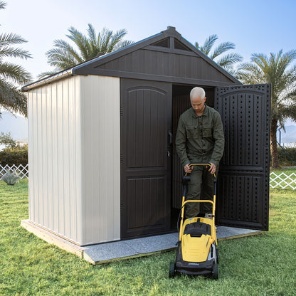 GUNJI 8X8 FT Outdoor Storage Shed with Lockable Door, Large 403 Cuft Resin Shed with Floor Roof Windows Vents, All-Weather Plastic Storage Shed Tool Organizer for Backyard Garden Patio Lawn