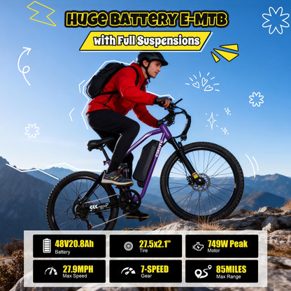Electric Bike for Adults, 27.5" Mountain E-Bike, Brushless Motor, 48V 20.8Ah Up to 80 Miles Range, Full Suspension Step-Over Electric Bicycle And a Helmet Will Be Included As a Gift