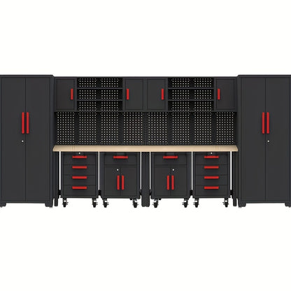 HPDMC 12pcs Heavy-Duty Steel Rolling Tool Box with Lockable Drawers & Cabinet - Heavy-Duty Steel Construction, 2-Tier Shelves, 3 Drawers, 2 Cabinets, Red Accents for Garage Workshop Storage (Black/Red)