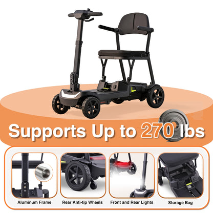 A Lightweight, Foldable Four-wheeled Electric Mobility Scooter Suitable For Seniors And Adults, Equipped With Dual Removable Batteries, Meeting Air Travel Standards, Offering A Long Range, And A Top Speed Of 5 Mph