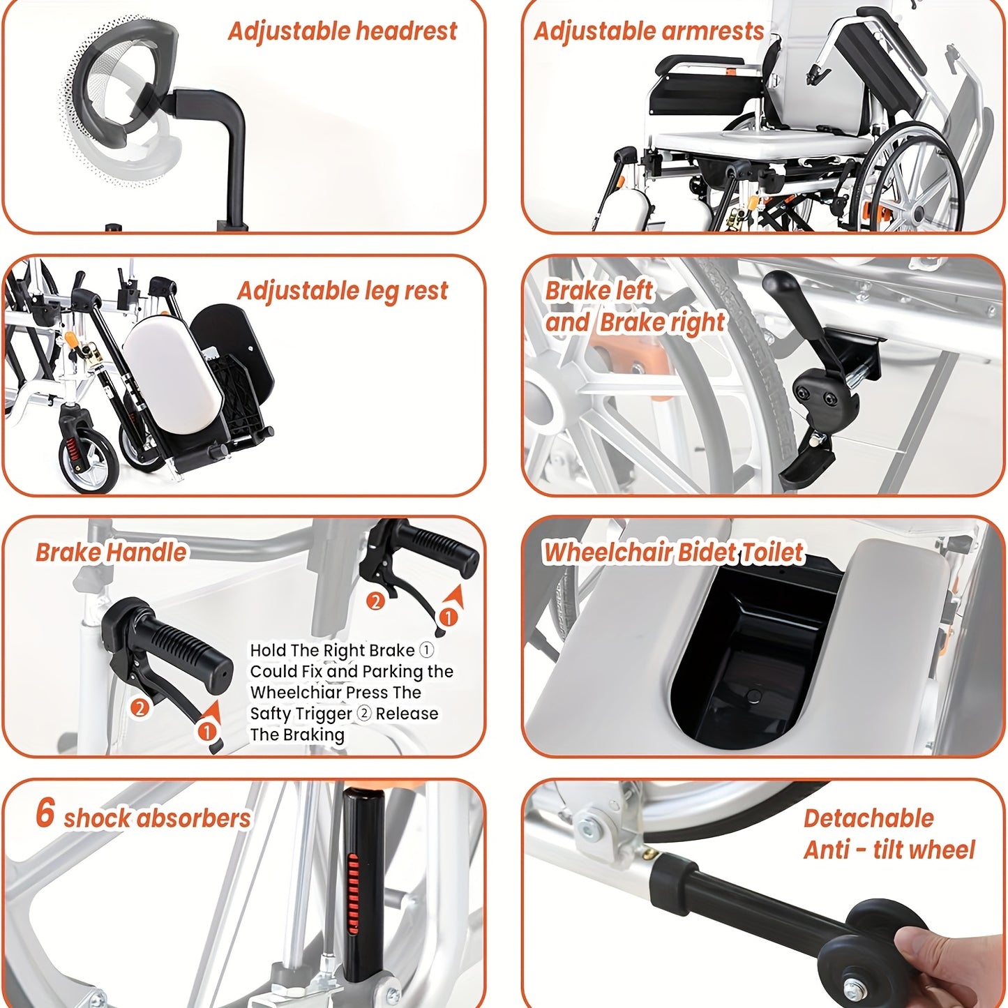 4-in-1 Reclining Wheelchairs, Waterproof Shower Bathroom Wheelchair, Transport Wheelchairs with Elevating Leg Rests And Potty- 18.5" Wide Seat Heavy Duty Recliner Wheel Chair for Seniors & Adults