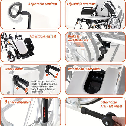 4-in-1 Reclining Wheelchairs, Waterproof Shower Bathroom Wheelchair, Transport Wheelchairs with Elevating Leg Rests And Potty- 18.5" Wide Seat Heavy Duty Recliner Wheel Chair for Seniors & Adults