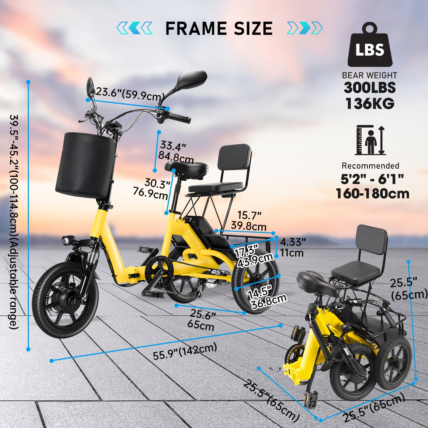Foldable Electric Tricycle for Home Use, Adult Electric Tricycle, Electric Pedal Bike with 480WH Removable Battery, Dual Seats with Front And Back Baskets, Electric Tricycle for Transporting Kids And Elderly, 45 Miles 3 Riding Modes Etrike