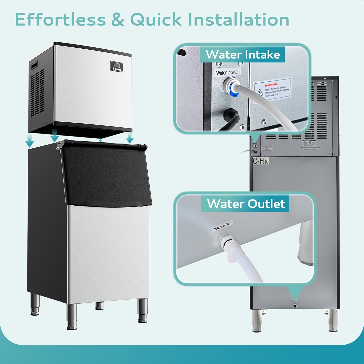 Industrial Ice Maker with a Capacity of 400 Pounds Per Day, Featuring a 250-Pound Storage Bin, Producing Ice in 8 to 15 Minutes, Made of Stainless Steel, Suitable for Bars, Cafes, Restaurants, And Businesses