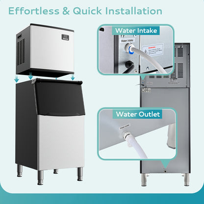 Industrial Ice Maker with a Capacity of 400 Pounds Per Day, Featuring a 250-Pound Storage Bin, Producing Ice in 8 to 15 Minutes, Made of Stainless Steel, Suitable for Bars, Cafes, Restaurants, And Businesses