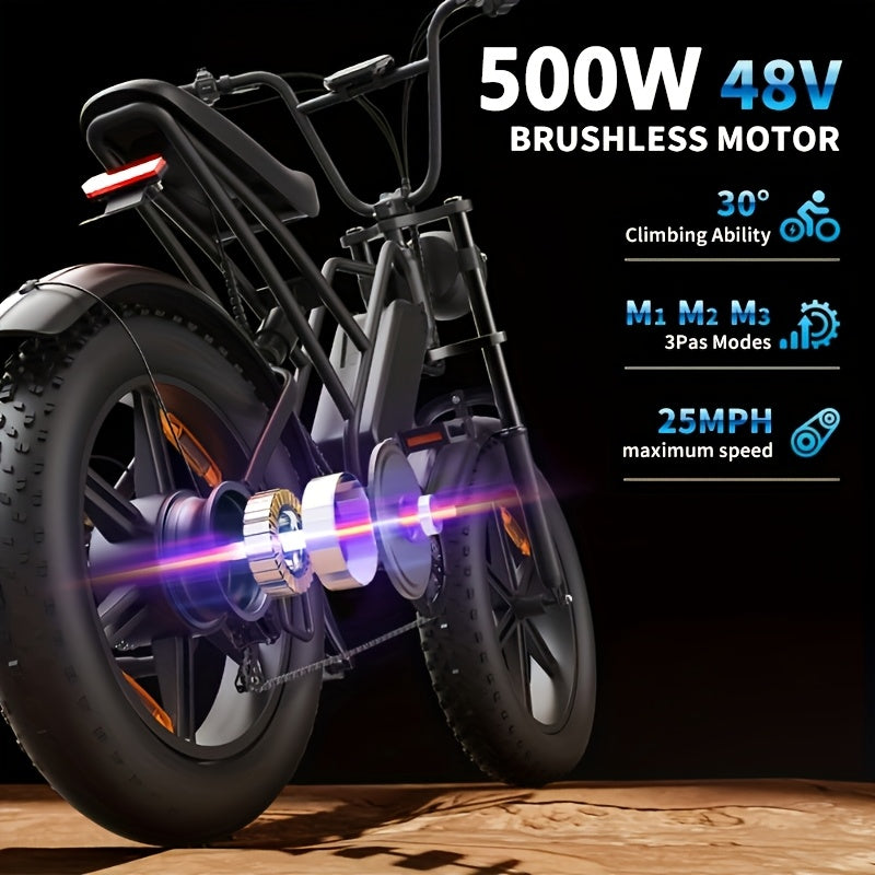 An Electric Bicycle Equipped with a 48 Volt 500 Watt Motor, 20 Inch Wide Tires, Heavy-Duty Design, Comfortable Suspension System, a Choice for Adventure Enthusiasts. Excellent