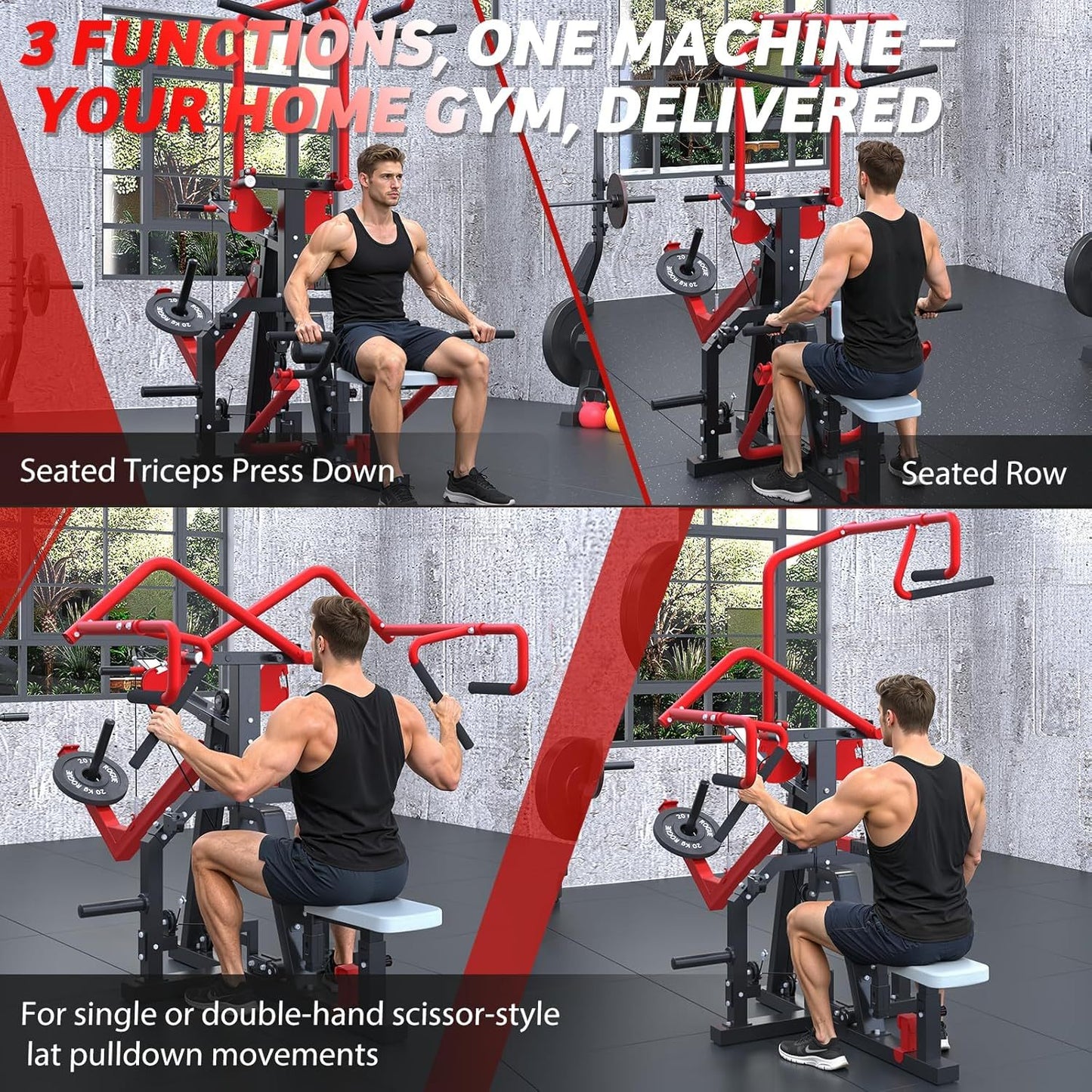 3-in-1 LAT Pull Down Scissor-Style feat Seated Row & Tricep Machine, Back Workout Plate Loaded Machine, LAT Tower with Cable Row Attachment, Home Gym Pulley System Machine