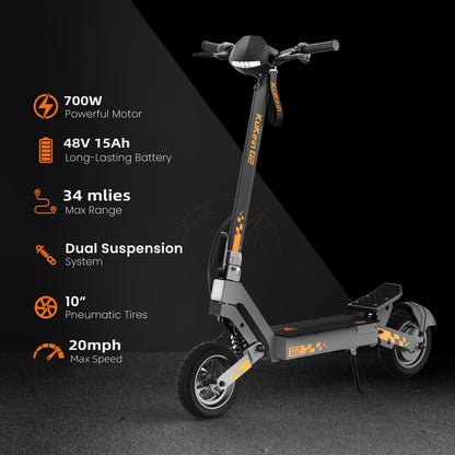 Electric Scooter Adults 700W Motor 48V Battery 34-42 Miles Range Dual Suspension 10 Inch Off Road Tires Front Rear Disc Brakes Foldable E Scooter