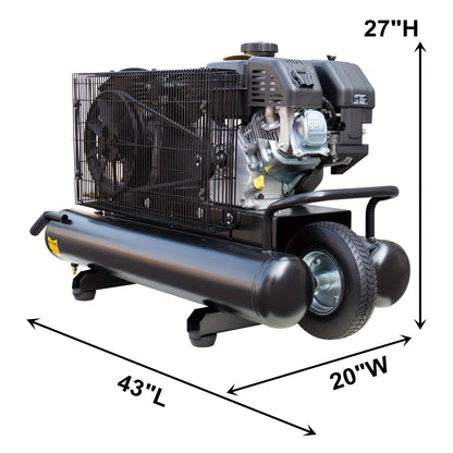 6.5HP Gas Powered Portable Air Compressor With 9 Gal Twin Tank, 12 CFM@125 PSI, Without Battery