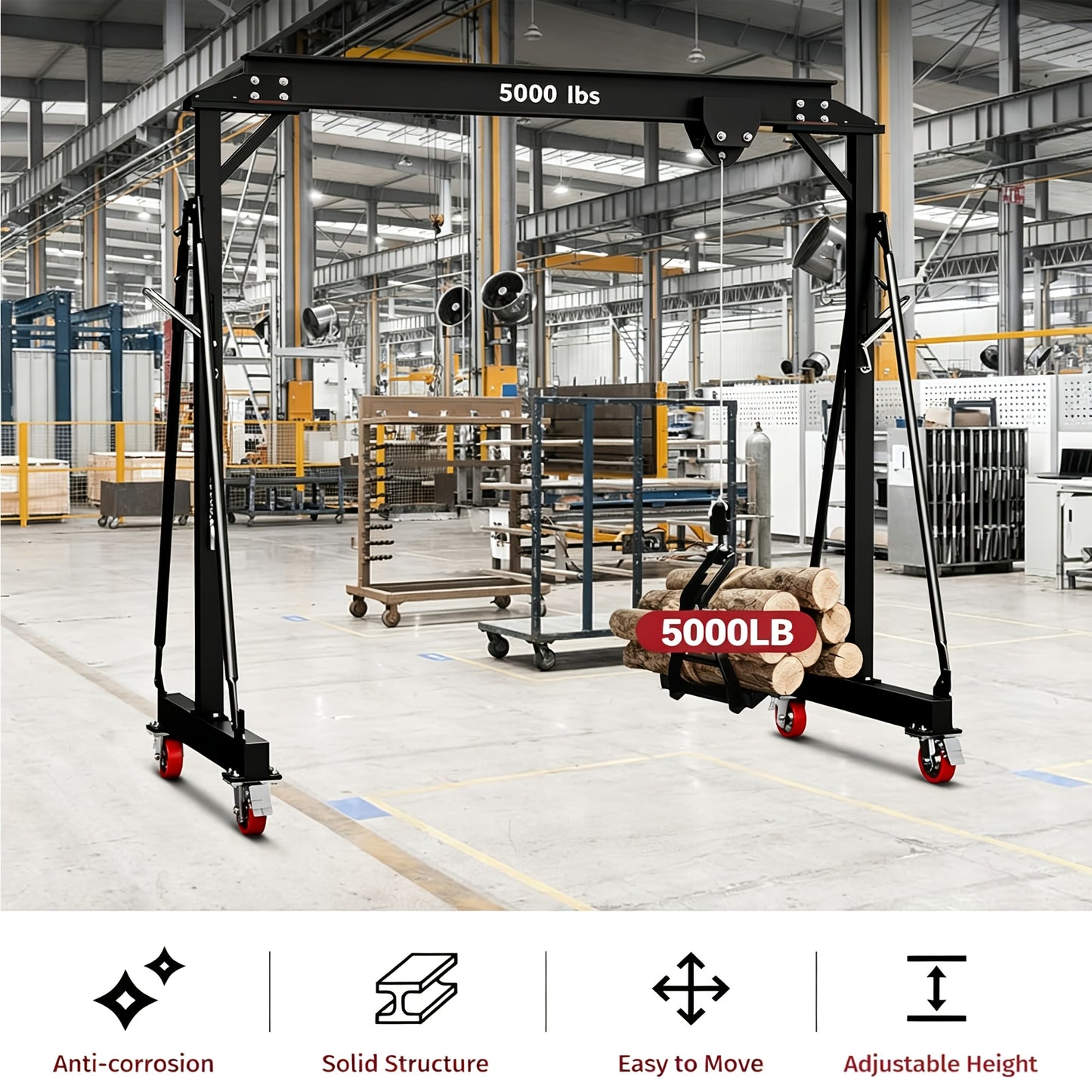 2 Ton 5000Lb Gantry Crane, Adjustable Height (8.2-12.57 FT), Maximum Width 9.06FT, Portable Shop Lift Hoist, Steel I-Beam Construction For Factories, Warehouses, Auto Repair, Construction Site