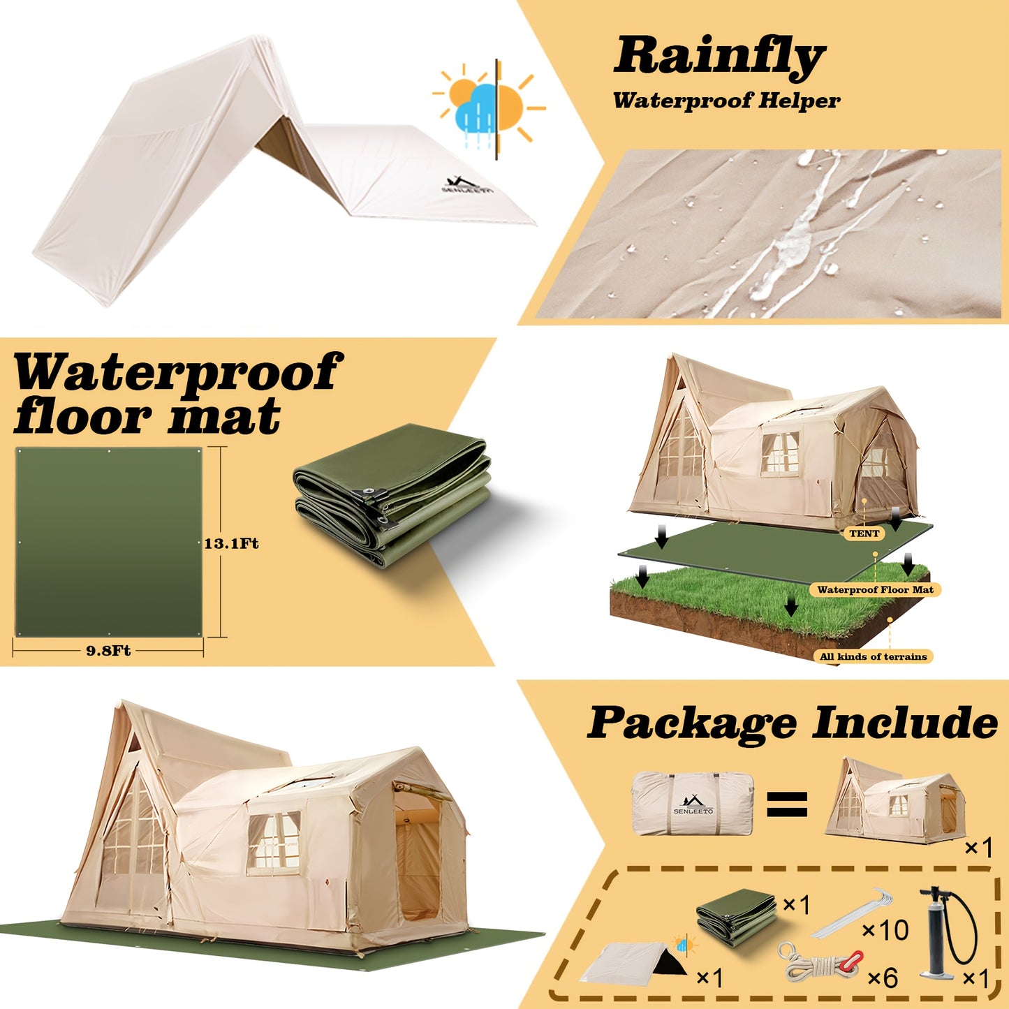 Large Inflatable Tent For 8-10 Person - 135 SQFT Inflatable Cabin Tents For Camping Instant Setup Blow Up Tent 4 Season Inflatable Tents With Stove Jack