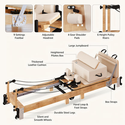 Pilates Reformer Machine, 97"L Foldable Studio Grade Pilates Equipment for Gym And Home, Oak Wood Pilates Reformer with Versatile Reformer Additions