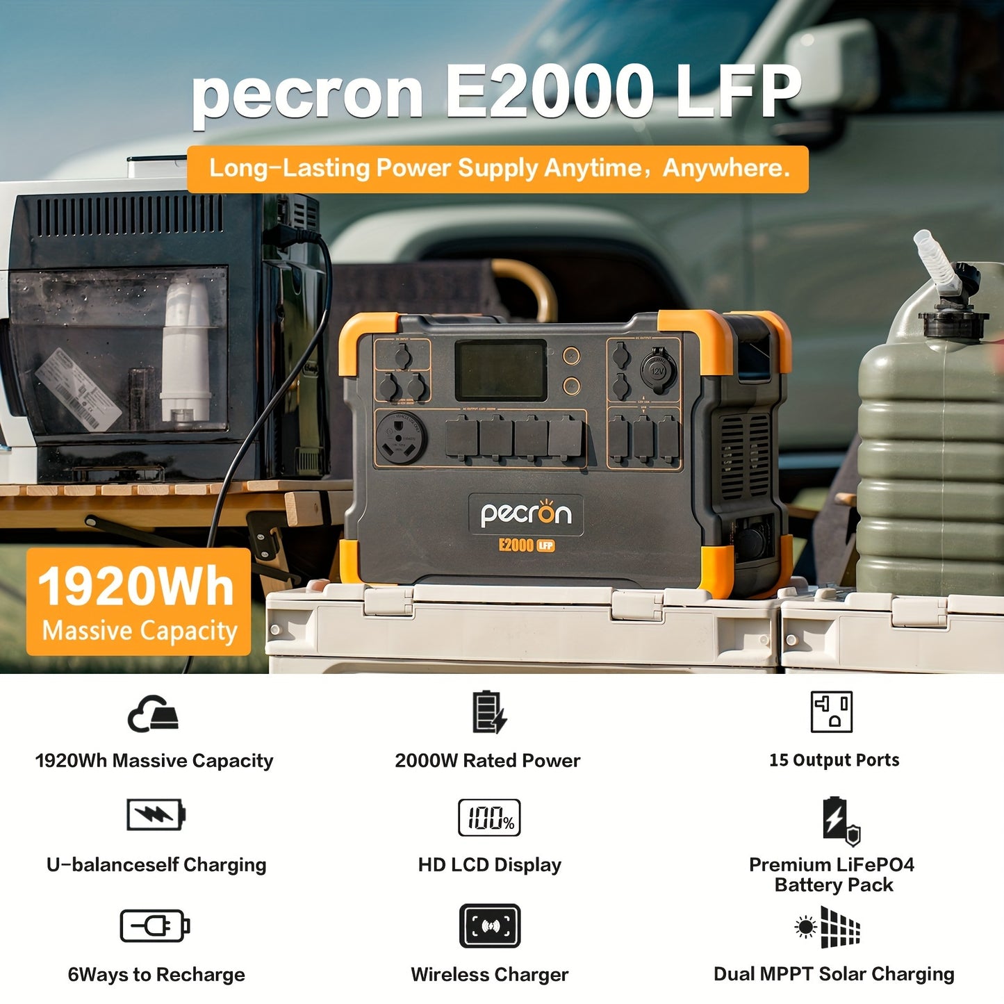PECRON E2000LFP 1920Wh/2000W Portable Power Station with 5×2000W Outlets, Fast Charging Solar Power Bank, LiFePO4 Battery for Home Bkup & Outdoor Camping Emergency