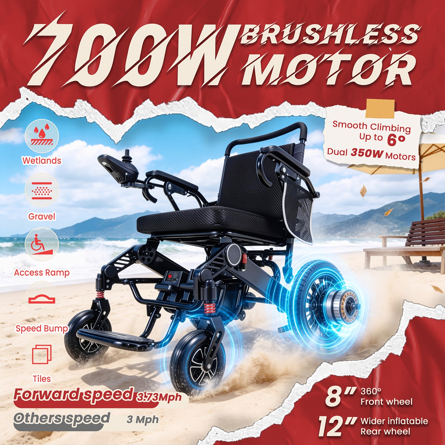 Adult Electric Wheelchair 400 Lbs Weight Capacity, 30 Miles Driving Range, All-Terrain 700W Dual Motors, 20-Inch Wide Seat, Foldable Design, Includes Back Bag, Cup Holder, Headlights And USB Charging Port