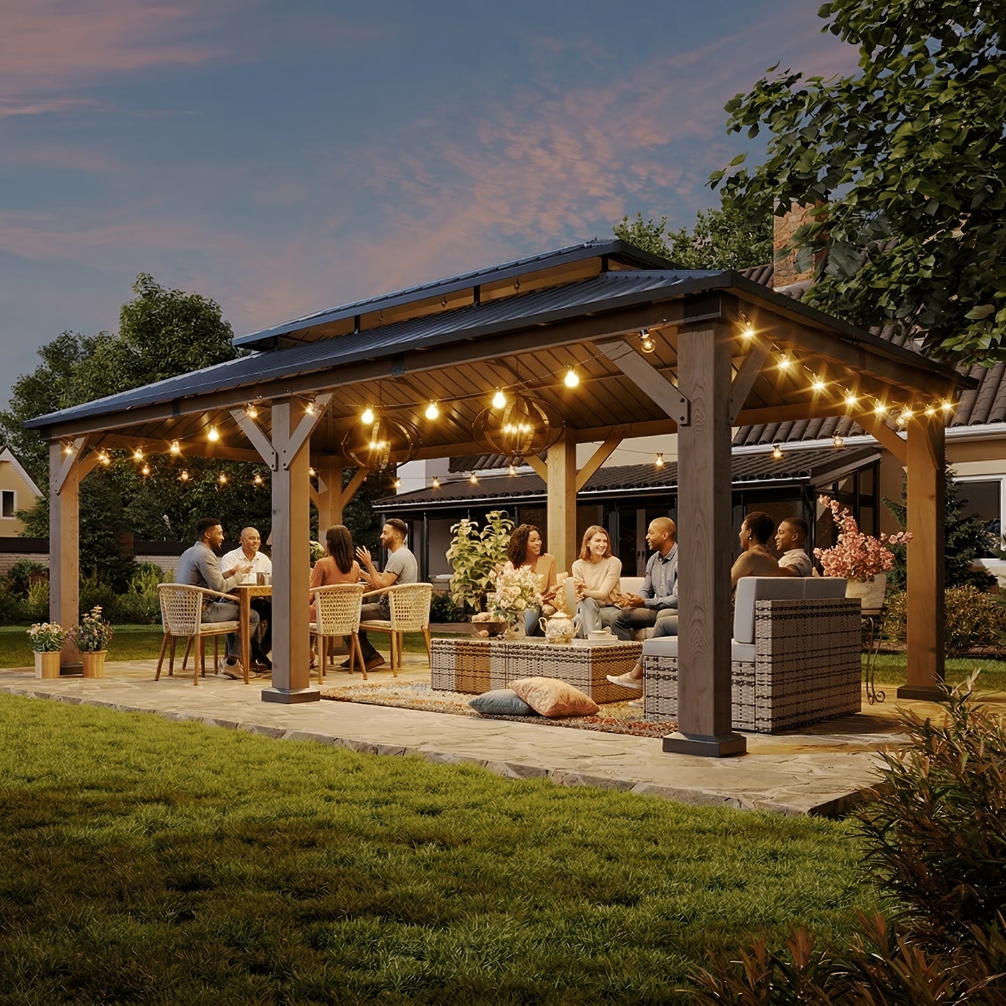 10' X 10' / 12' X 10' Outdoor Wooden Gazebo with Steel Double Roof, Cedar Pavilion for Patio, Garden And Backyard Use