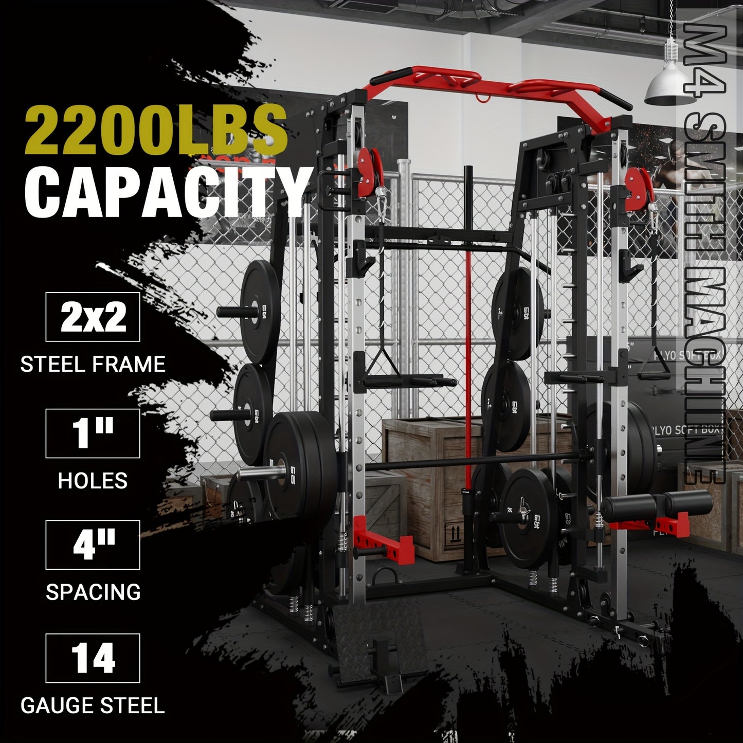 ALL-IN-ONE 2200lbs Smith Machine Home Gym, Squat Rack with LAT-Pull Down System & Cable Crossover Machine, Training Equipment with Weight Bar, 360° Landmine, Barbell Holders And Other Attachments, Total Body Strength Training Cage