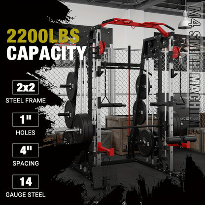 ALL-IN-ONE 2200lbs Smith Machine Home Gym, Squat Rack with LAT-Pull Down System & Cable Crossover Machine, Training Equipment with Weight Bar, 360° Landmine, Barbell Holders And Other Attachments, Total Body Strength Training Cage