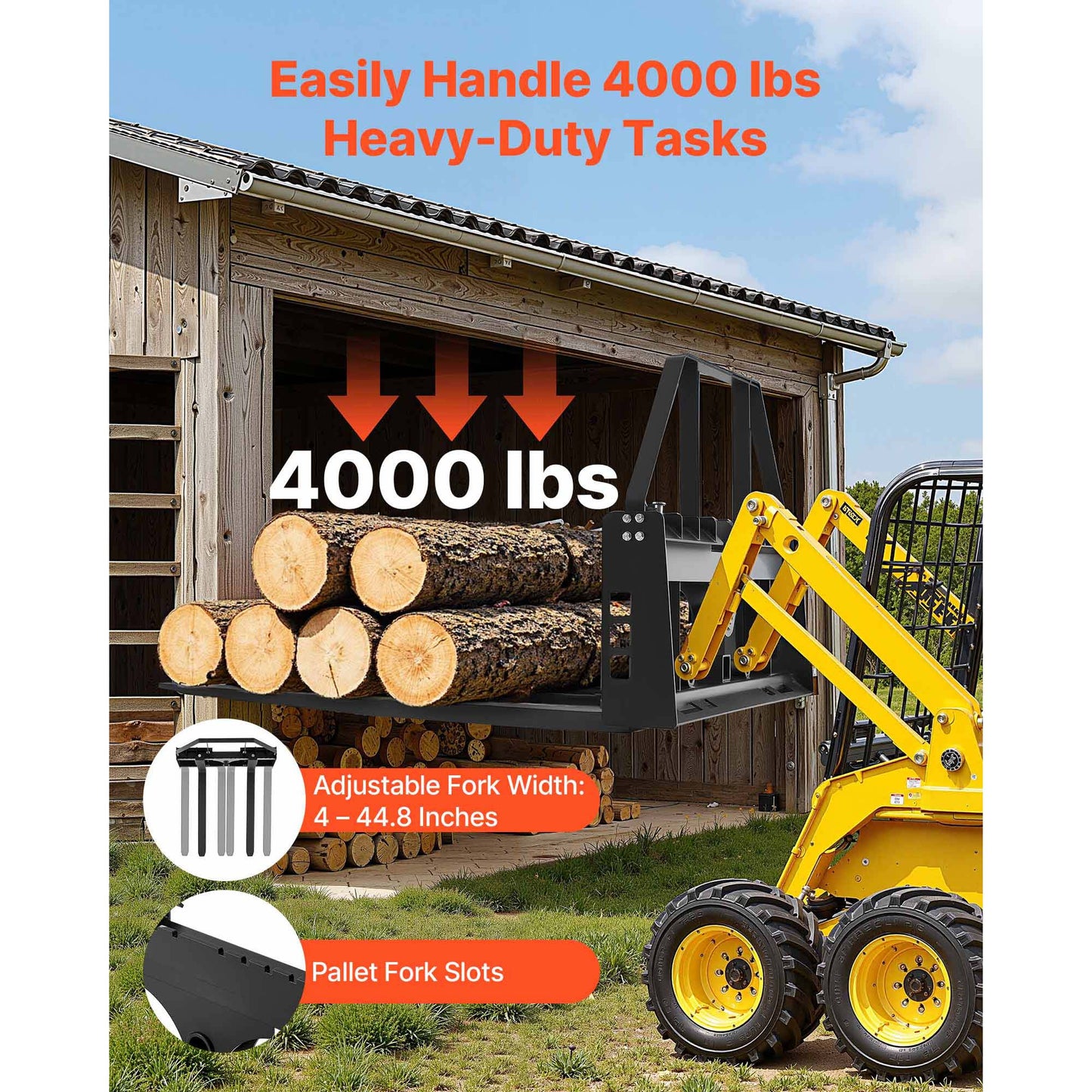 Pallet Fork Frame Attachment with 48-inch Skid Steer Pallet Forks 4000 lbs