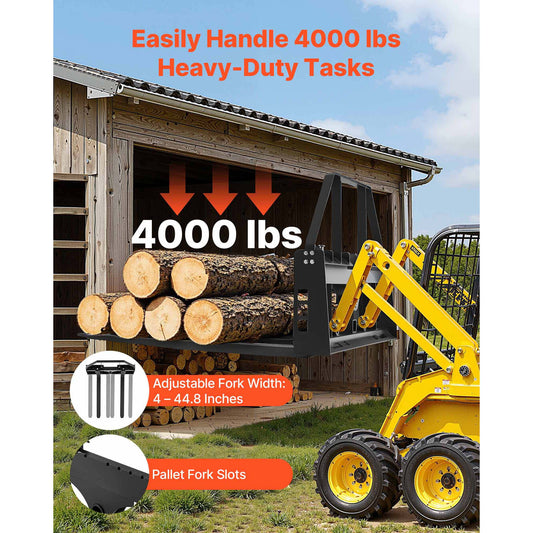 Pallet Fork Frame Attachment with 48-inch Skid Steer Pallet Forks 4000 lbs