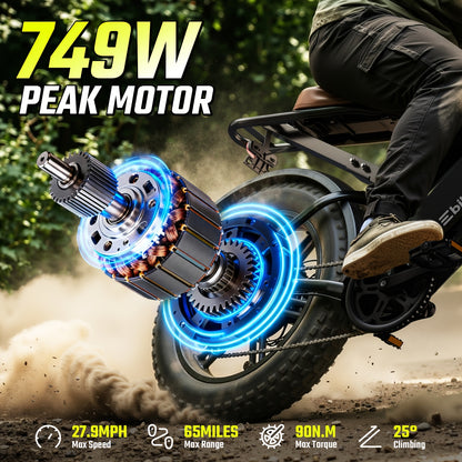 27.9 Miles Per Hour Electric Bicycle, Adult Model, 749 Watt Motor, 48 Volts 15 Ampere-Hour Battery, 20 Inches X 4.0 Inches Wide Tires, Full Suspension All-Terrain Design, As a Gift for Family Members