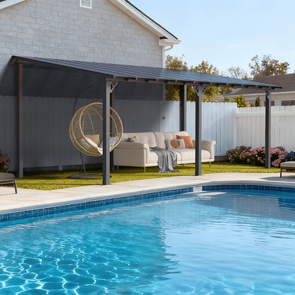 20'x10' Wall Mounted Carport - Hard Top Lean-to Wall Mounted Aluminum Awning With Canopy Roof, Outdoor All-Weather Cover For Patio, Backyard, Deck, Shade & Rain Protection