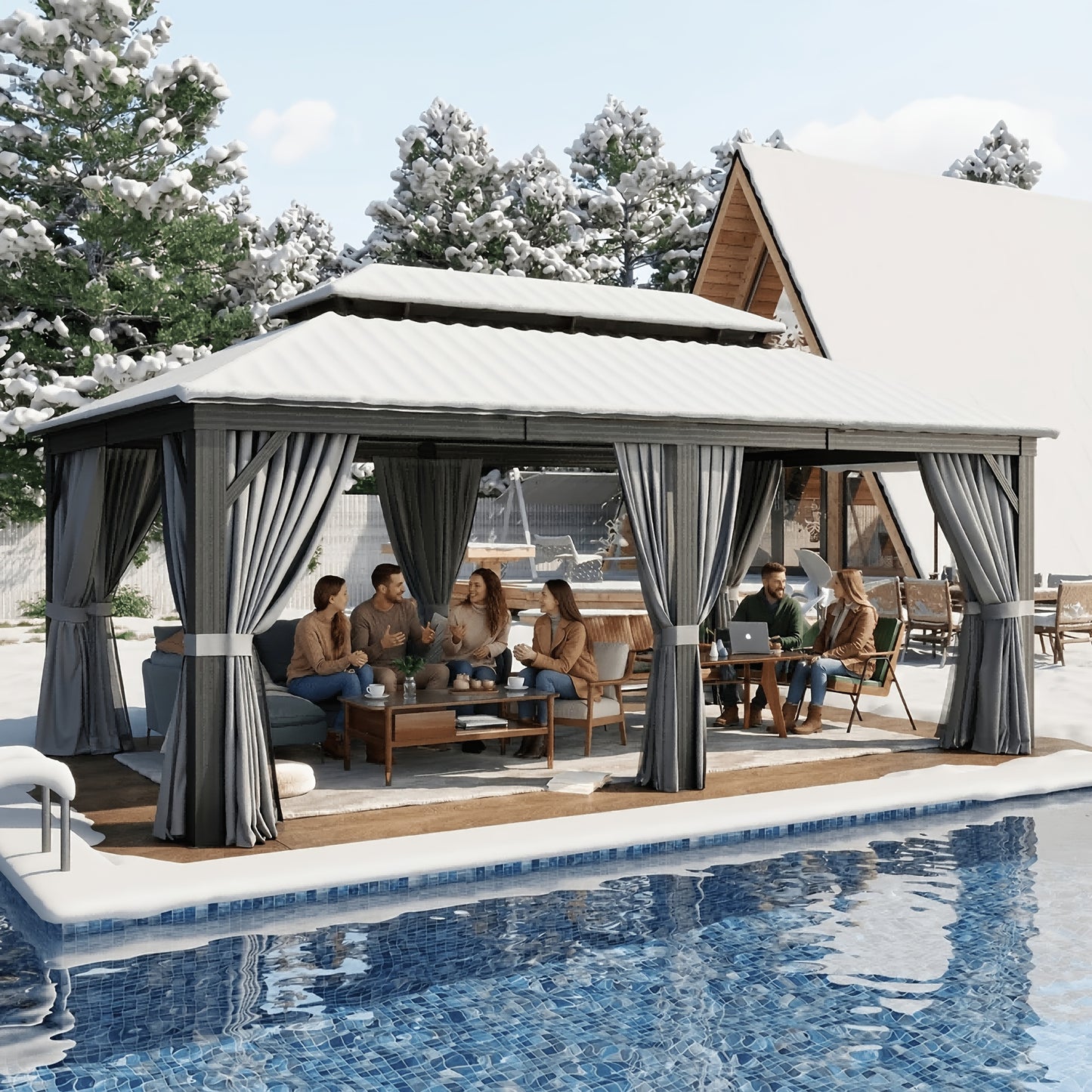 12' X 20' Outdoor Hardtop Gazebo, Aluminum Frame with Double Steel Roof, Privacy Curtain And Netting for Poolside, Backyard