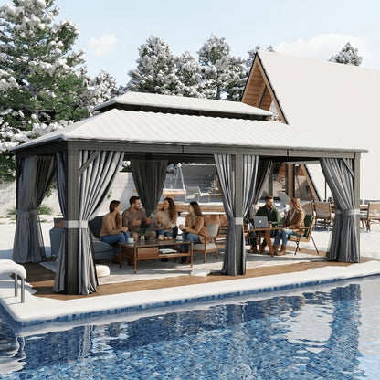 12' X 20' Outdoor Hardtop Gazebo, Aluminum Frame with Double Steel Roof, Privacy Curtain And Netting for Poolside, Backyard