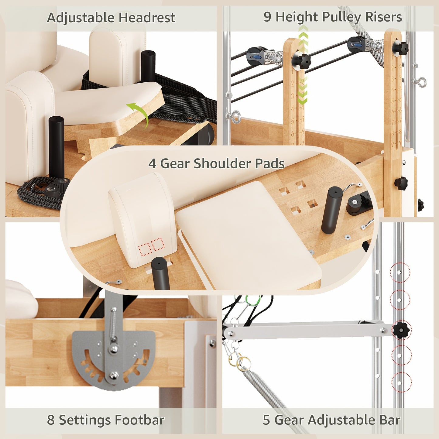 Premium 3-In-1 Wood Pilates Reformer with Cadillac Trapeze, 800Lb Capacity Home Gym System with Jumpboard, Sitting Box And Complete Set of Additions